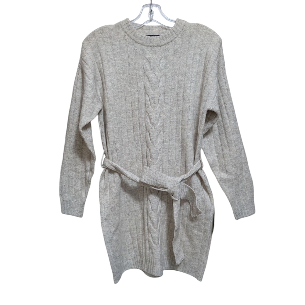 Lulu's Oatmeal Cable-Knit Crewneck Sweater Dress with Tie Belt